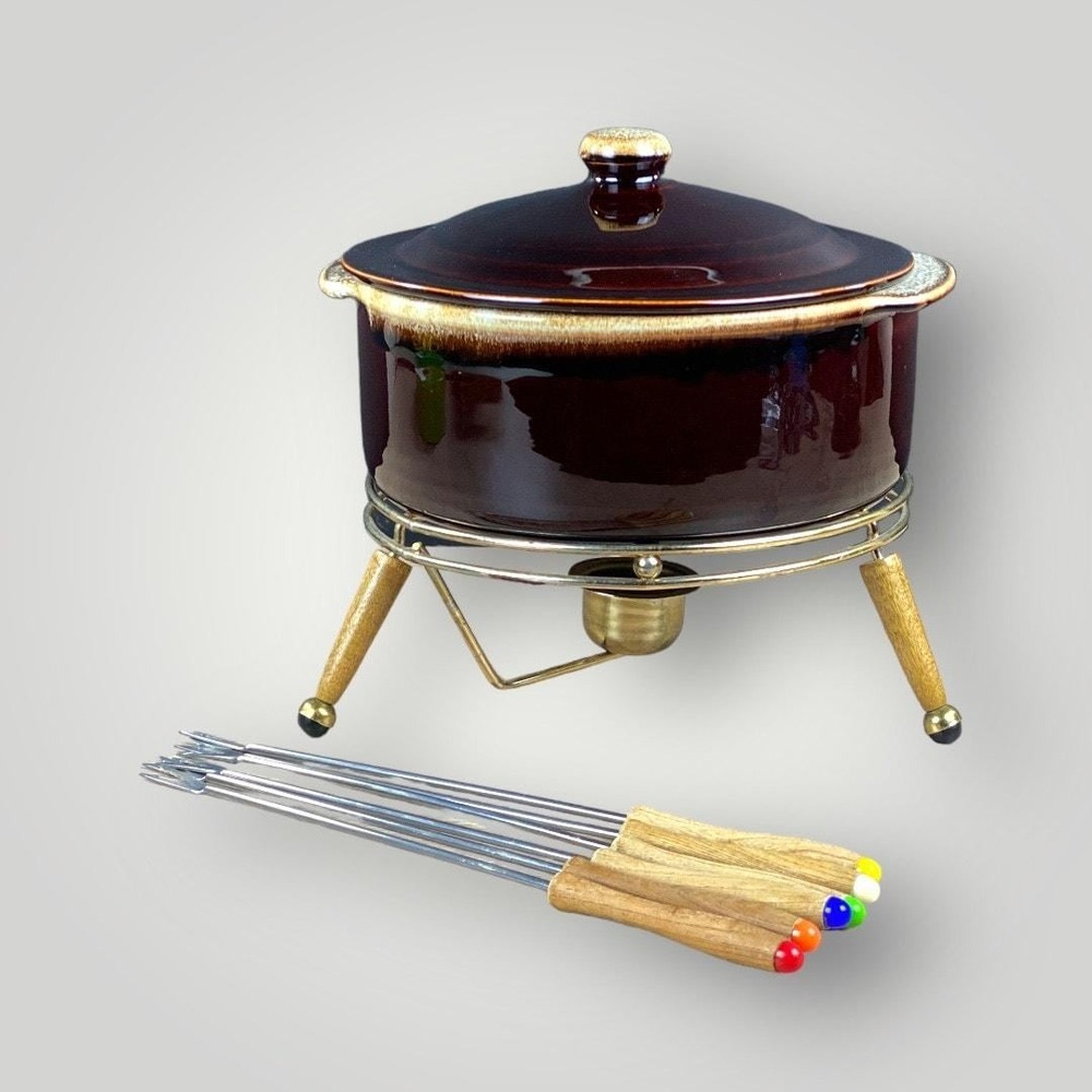 Brown Drip Glaze Fondue Pot Set 6 Forks Mid Century Stoneware Vintage‎ 1960s